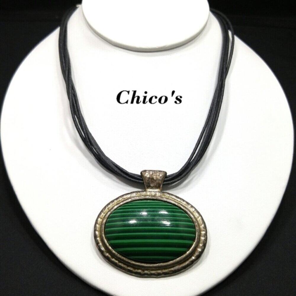 Chico's Green Striped Glass Black Leather Necklace, Vintage Distressed Boho, 20"